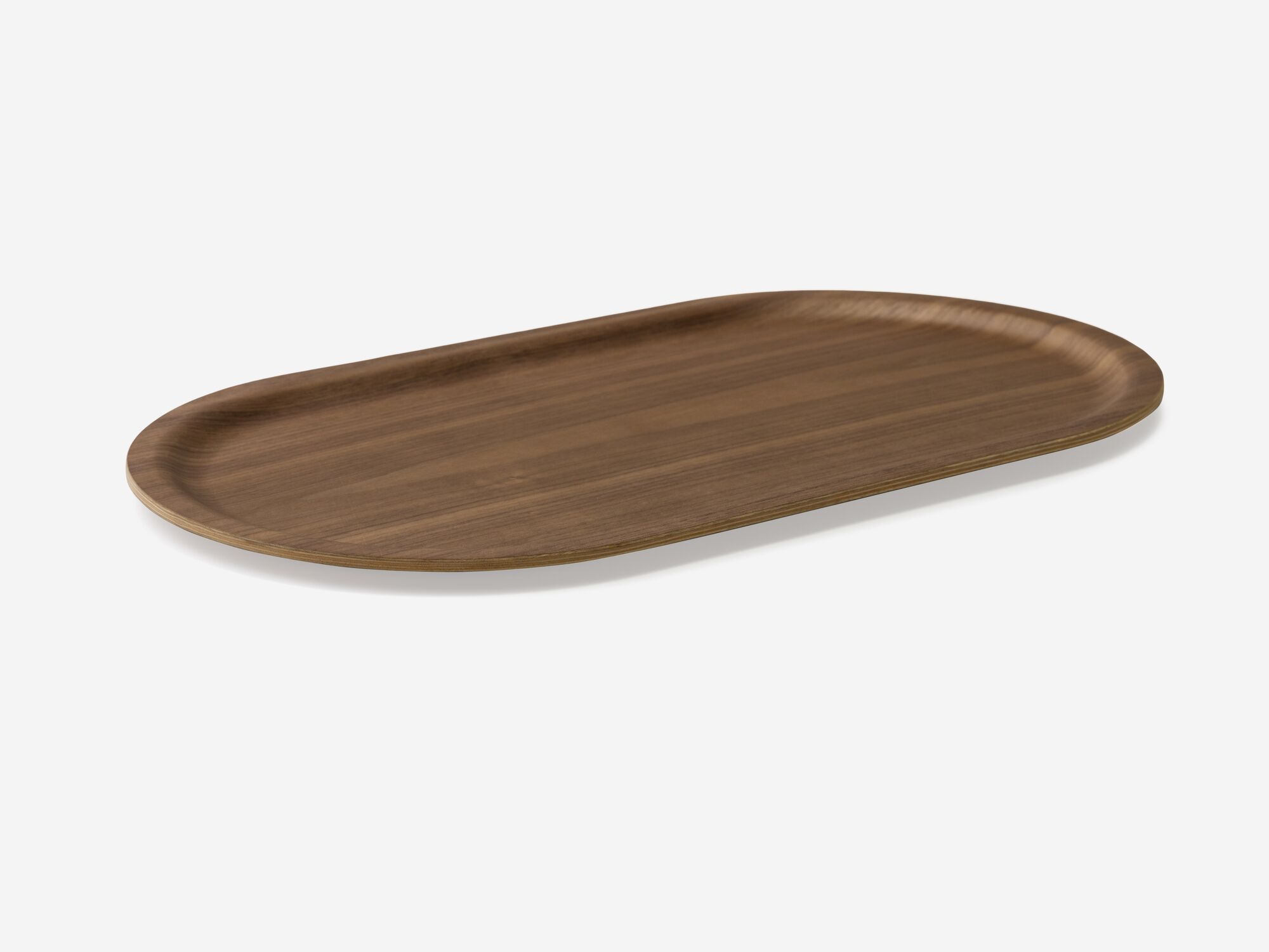 Oblong walnut serving tray side view